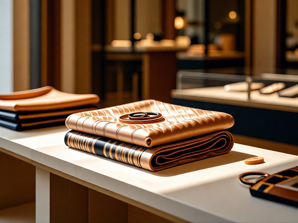 Neatly folded luxury scarves and accessories displayed on minimalist shelving. Warm sunlight highlights textures. Blurred background features polished retail displays. No people.