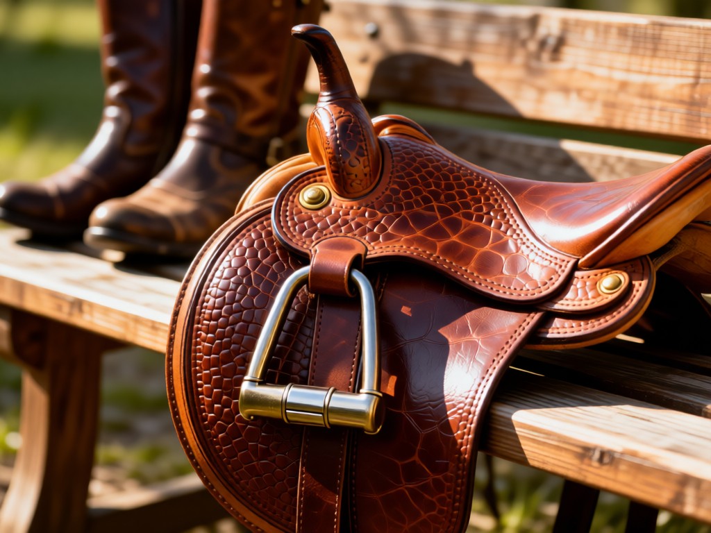Close-up of a high-end polo saddle on a wooden bench. Sunlight catches metal buckles and leather grain. Vintage riding boots blurred in background. No people.