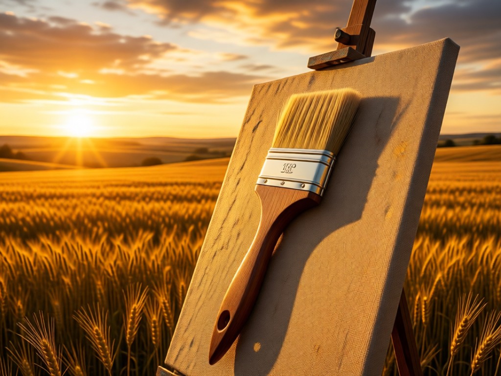 A single high-quality paintbrush resting on a textured canvas in an open field at sunset. Golden light bathes the scene, symbolizing clarity and having essential tools unified. Vast sky emphasizes potential. No people.