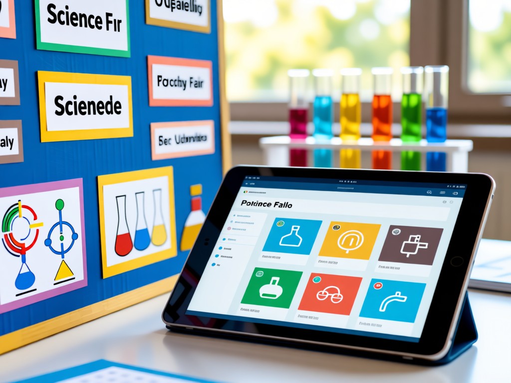 Close-up of a science fair project board beside a tablet showing a digital portfolio. Soft focus on test tubes in background. Natural daylight. No people.