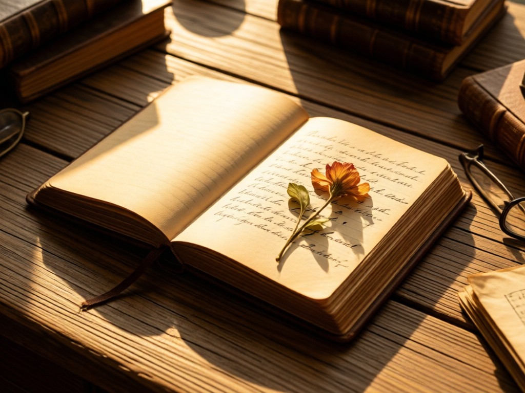 Vintage journal open to handwritten note with pressed flower. On rustic wooden table. Golden hour light creates warm shadows. Trustworthy and nostalgic feel. No people.