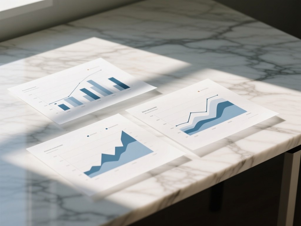 Minimalist desk with three clean data charts printed on translucent paper, layered over a marble background. Soft shadows highlight dimensionality in morning light. No people.