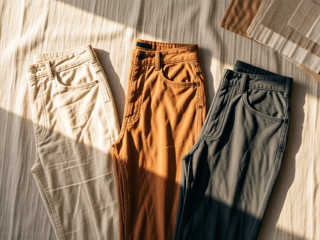 Artistic flat lay of three distinct pants designs on neutral linen fabric. Soft sunlight illuminates fabric textures and stitching details. Composition includes subtle fabric swatches in background. Warm, clean aesthetic. No people.