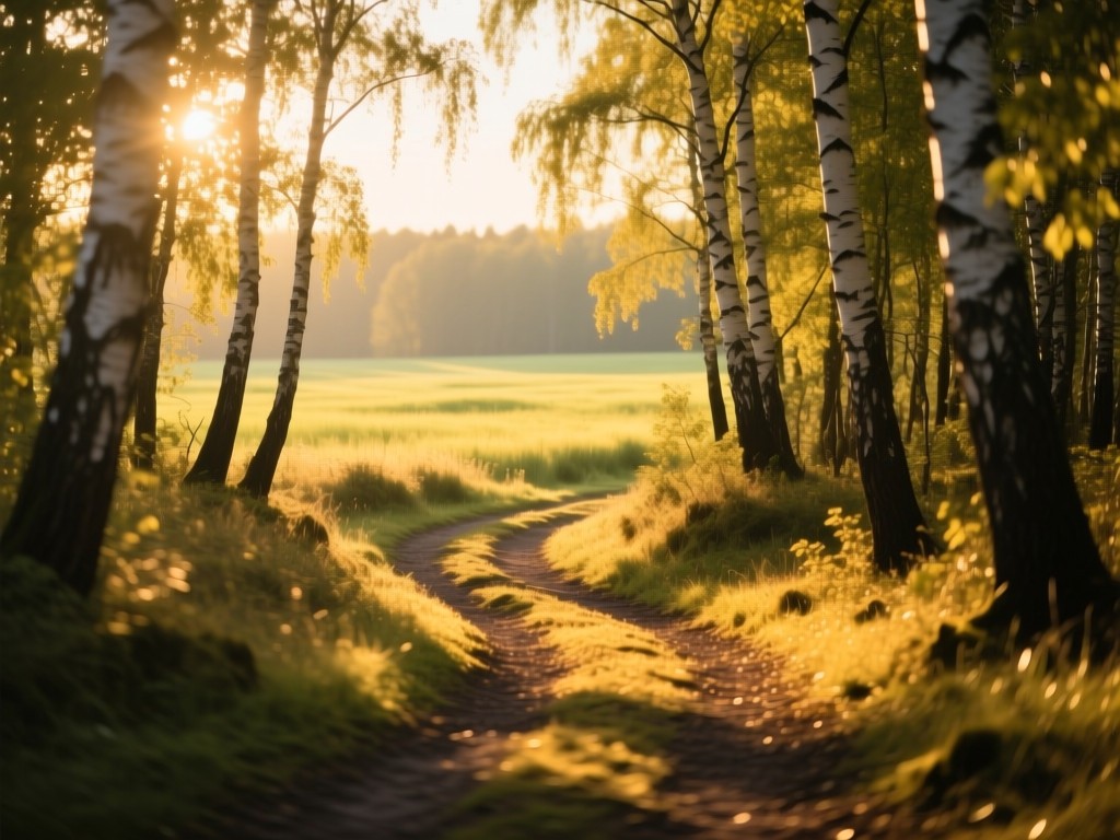 A winding path through sunlit birch forest, dappled golden light on forest floor, leading toward distant meadow, symbolizing discovery, soft focus background, no human presence.