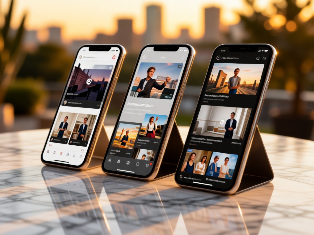 Three angled smartphones displaying different video portfolio layouts on a marble surface. Soft reflections and warm golden hour lighting. Background out of focus.