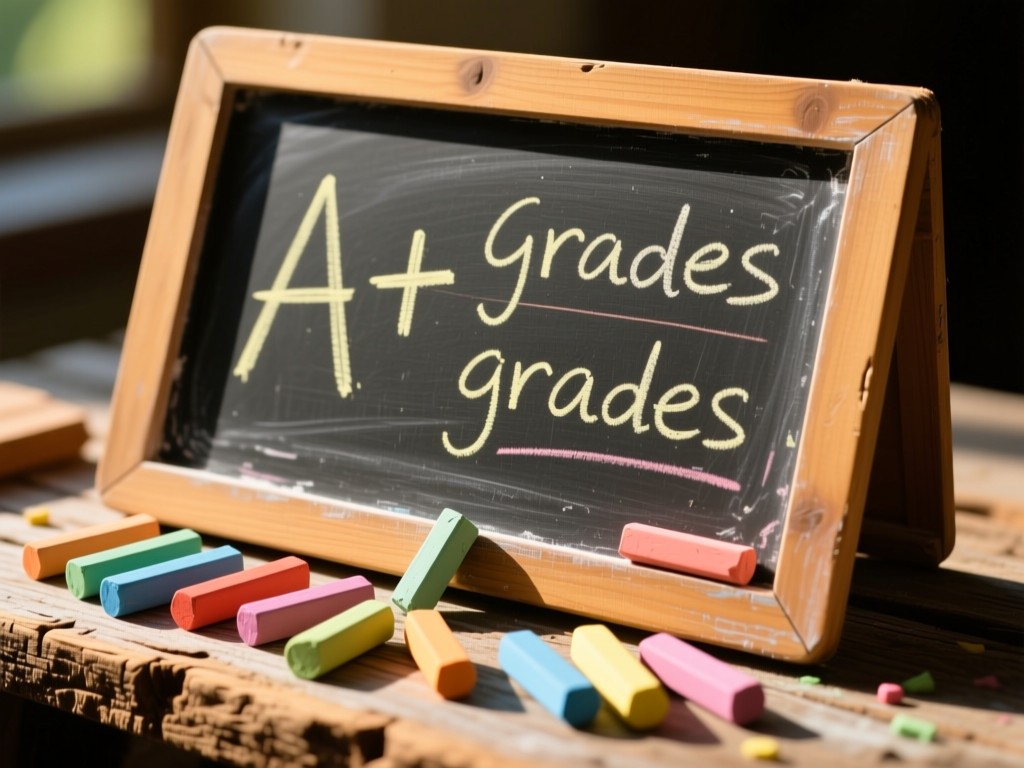 A rustic chalkboard with handwritten 'A+' grades in warm sunlight. Colorful chalk pieces lie scattered nearby on a weathered wooden surface. No people.