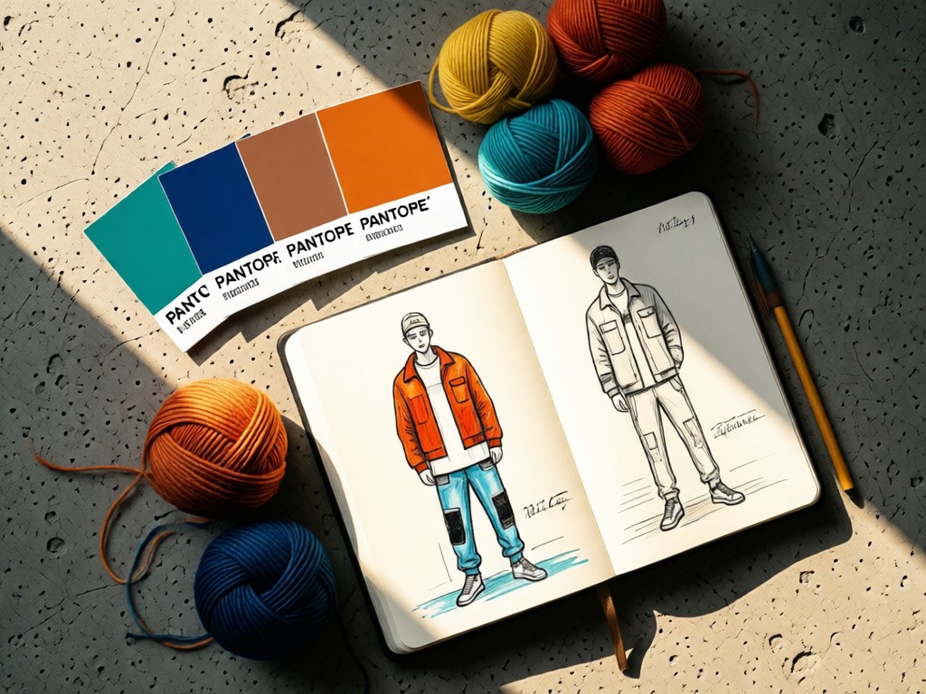 Design mood board with Pantone chips, yarn samples and sketchbook open to streetwear drawings. Sunlight highlights textures against concrete surface.