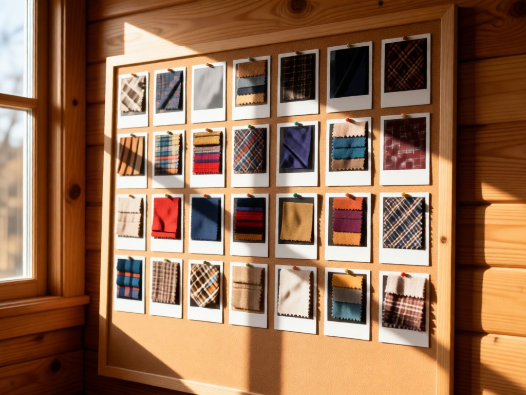 A neatly arranged grid of polaroid-style photos displaying fabric swatches on a corkboard. Warm sunlight streams through nearby windows, casting soft shadows. Natural wood background. No people.