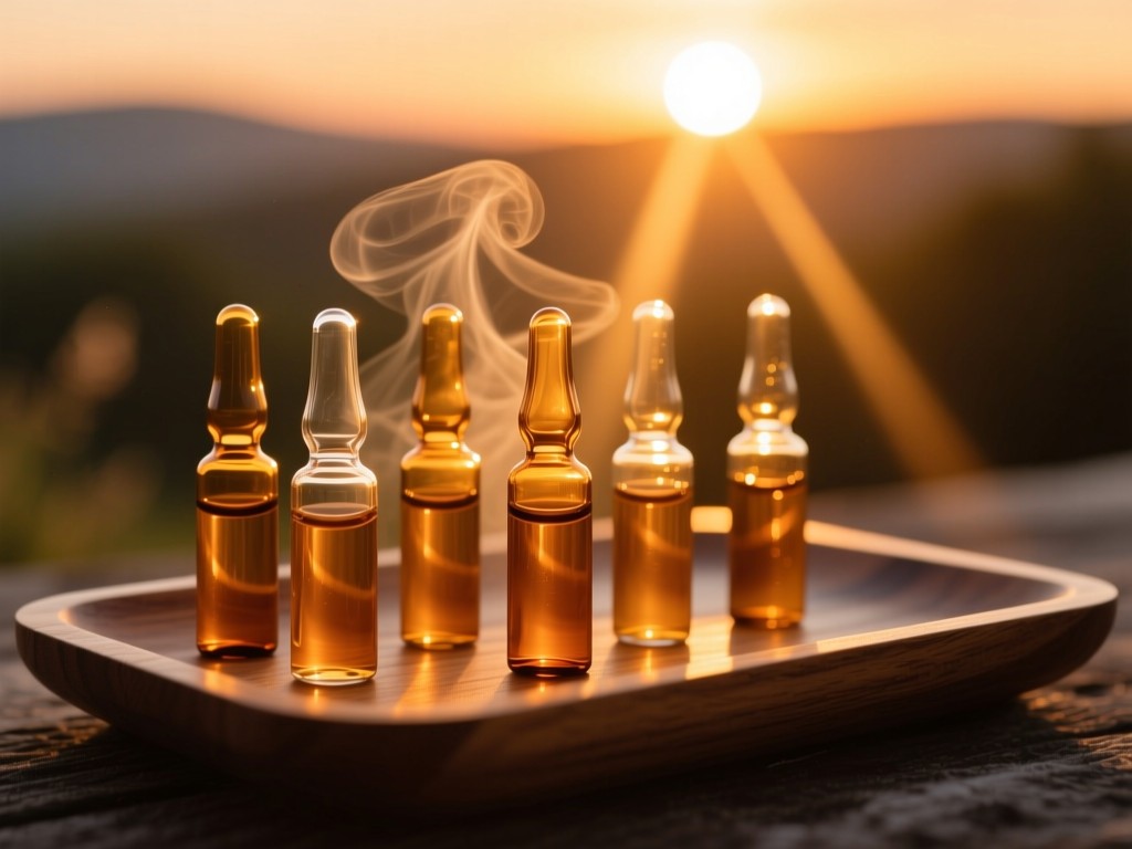 Glass vials filled with amber serums backlit by sunset light on a wooden tray, beams illuminating rising vapor, shallow focus, warm golden atmosphere, no text.