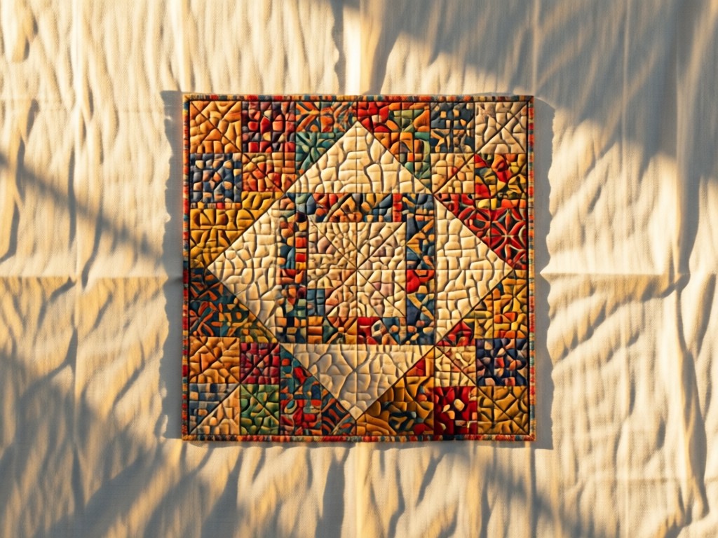 Aerial view of a single quilt square centered on a clean linen background. Intricate patchwork visible. Soft shadows emphasize dimensionality. Golden hour lighting. No people.