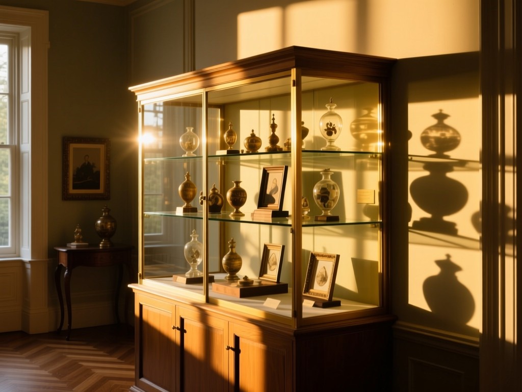 A glass display case with rare collectibles illuminated by golden hour sunlight, casting long shadows in an elegant room, symbolizing curated value, no people.