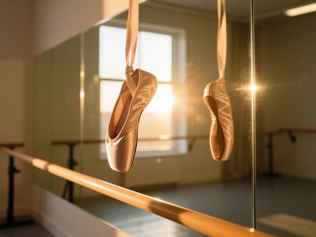 A single pointe shoe suspended mid-air against a sunlit studio mirror during golden hour, capturing motion and artistry, soft reflections, warm color palette, minimalist composition.