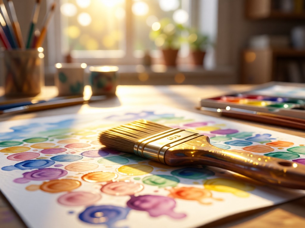 A single paintbrush resting on fresh watercolor paper in a sunlit studio. Golden highlights on the brush handle with soft bokeh background. Symbolizes tools meeting opportunity. No people.