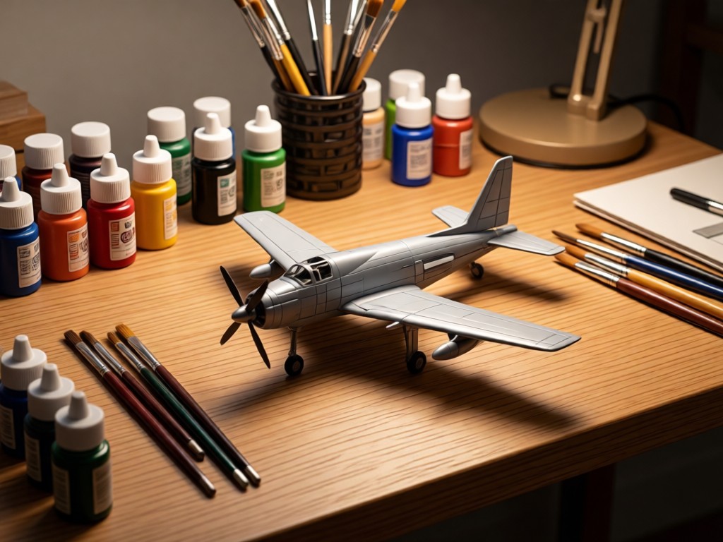 An organized work desk with miniature paint bottles, precision brushes, and a half-finished model aircraft. Soft side lighting creates depth on the textured surfaces. Clean composition with natural wood tones. No people.