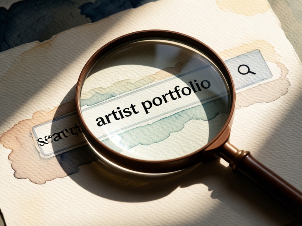 A magnifying glass resting on textured watercolor paper, focusing on 'artist portfolio' search results. Soft directional light creates dramatic shadows. No people.