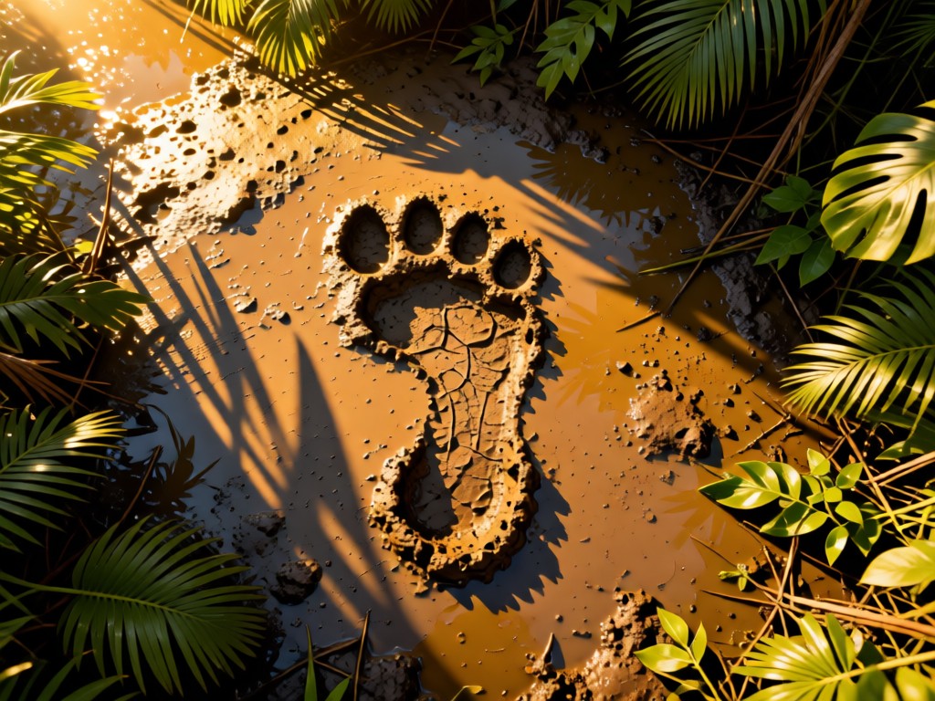 Overhead shot of a single elephant footprint in wet mud, surrounded by jungle foliage. Golden afternoon light creating long shadows. Symbolizes leaving your professional mark. No people.