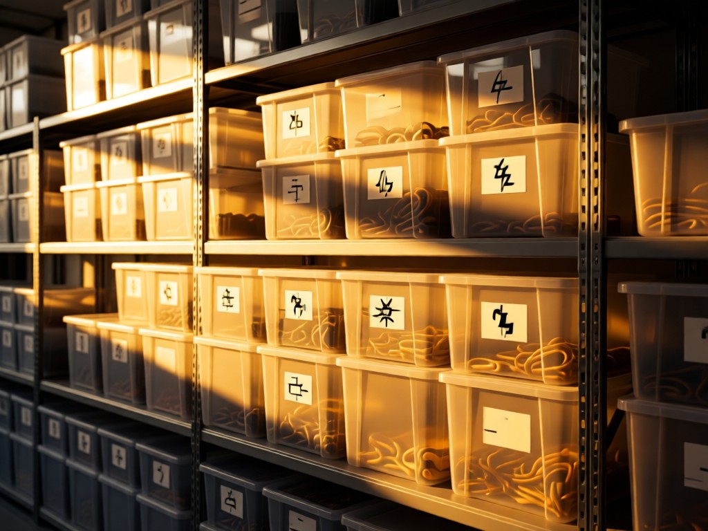 Stacked transparent bins labeled clearly with electrical symbols. Golden hour light creates long shadows through shelving units. Organized and accessible feel. No people.