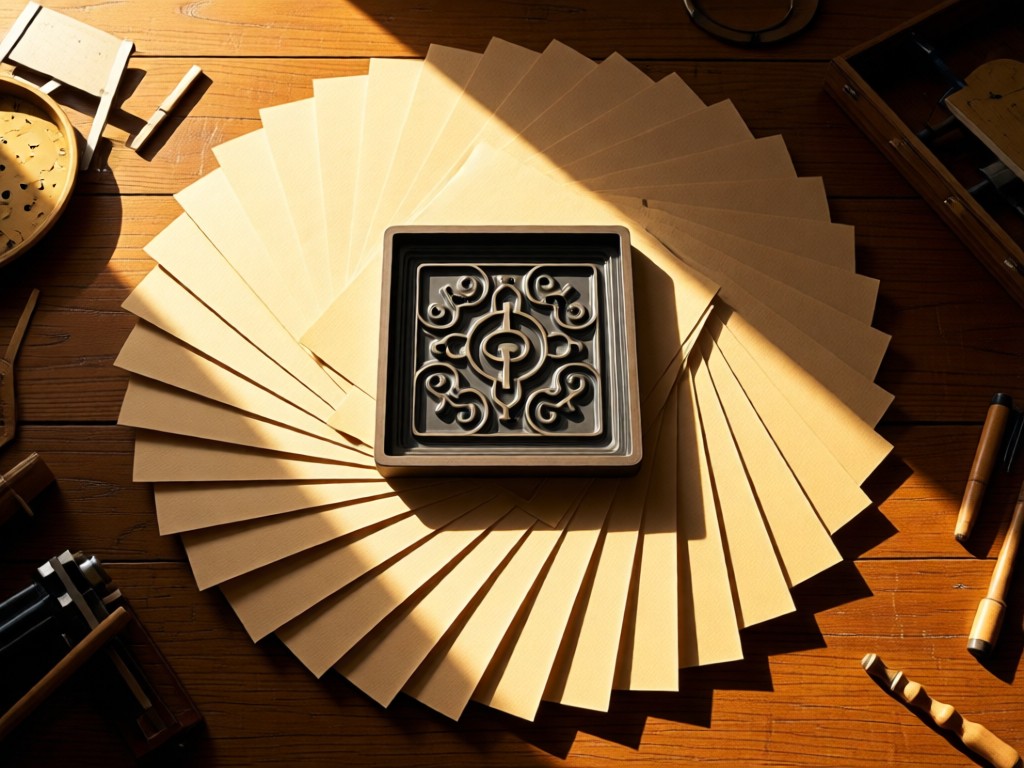 Aerial view of premium paper sheets fanned across a wooden table. Golden light creates dynamic shadows. Single printing plate centered. Symbolizes craftsmanship. No people.