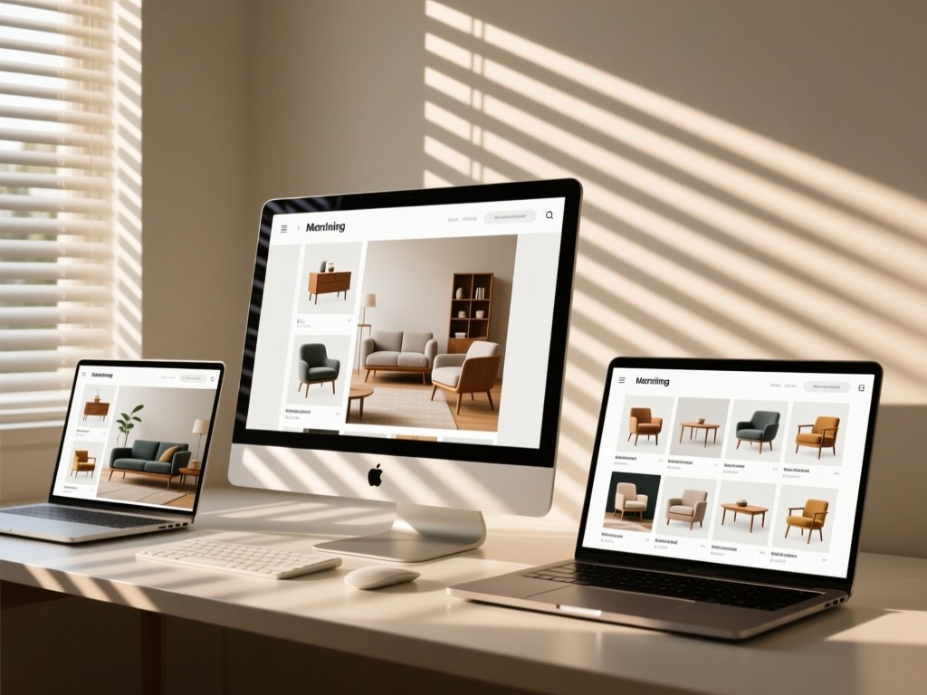 Three devices displaying the same furniture portfolio in different orientations. Morning light through blinds creates striped shadows. No people.