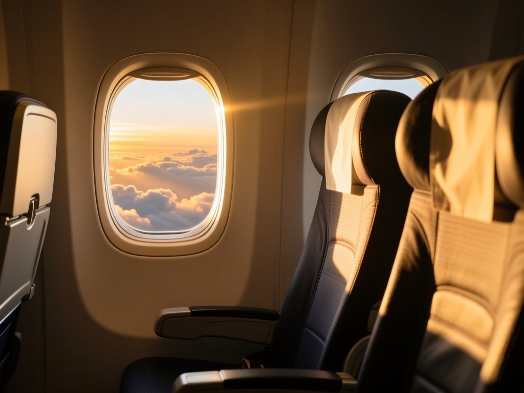 A plane window view of clouds during golden hour, sunlight streaming onto empty seat, symbolizing automatic travel updates, soft atmospheric perspective, no visible text.
