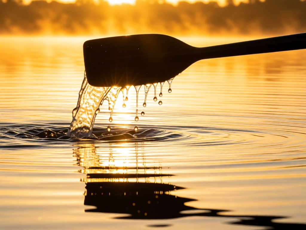 A slow-motion shot of water droplets falling from a rowing oar into still water. Golden morning light creates reflections. No people.