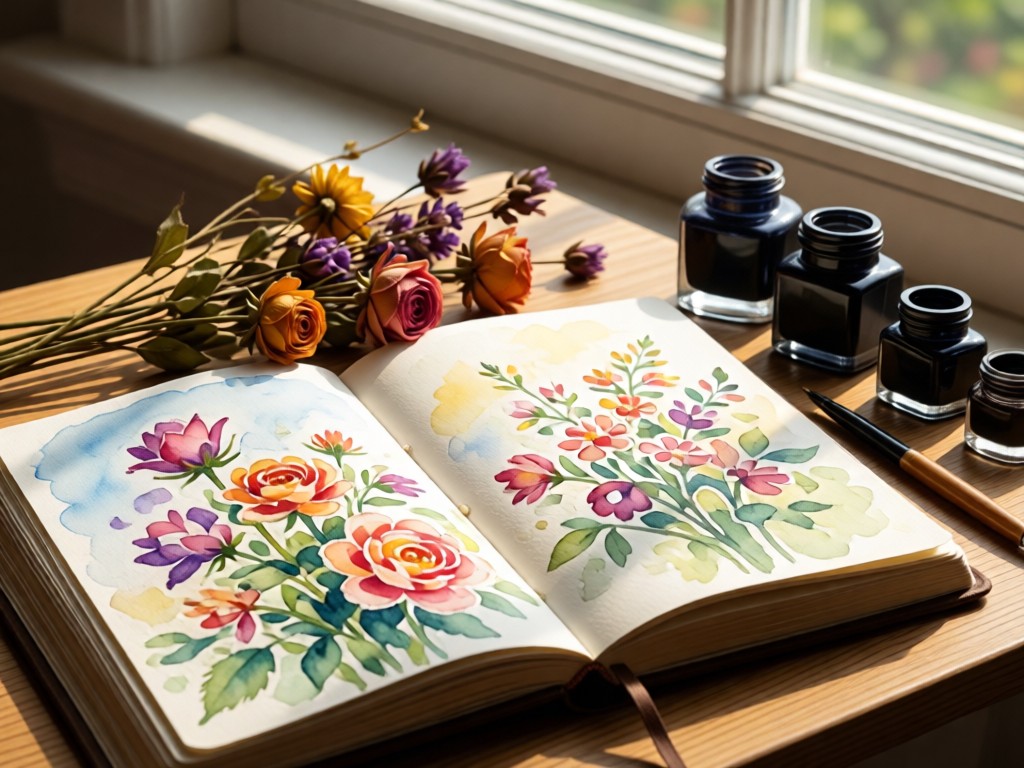 An open journal with watercolor sketches beside dried flowers and ink bottles. Soft daylight from a nearby window creates gentle highlights. No people.