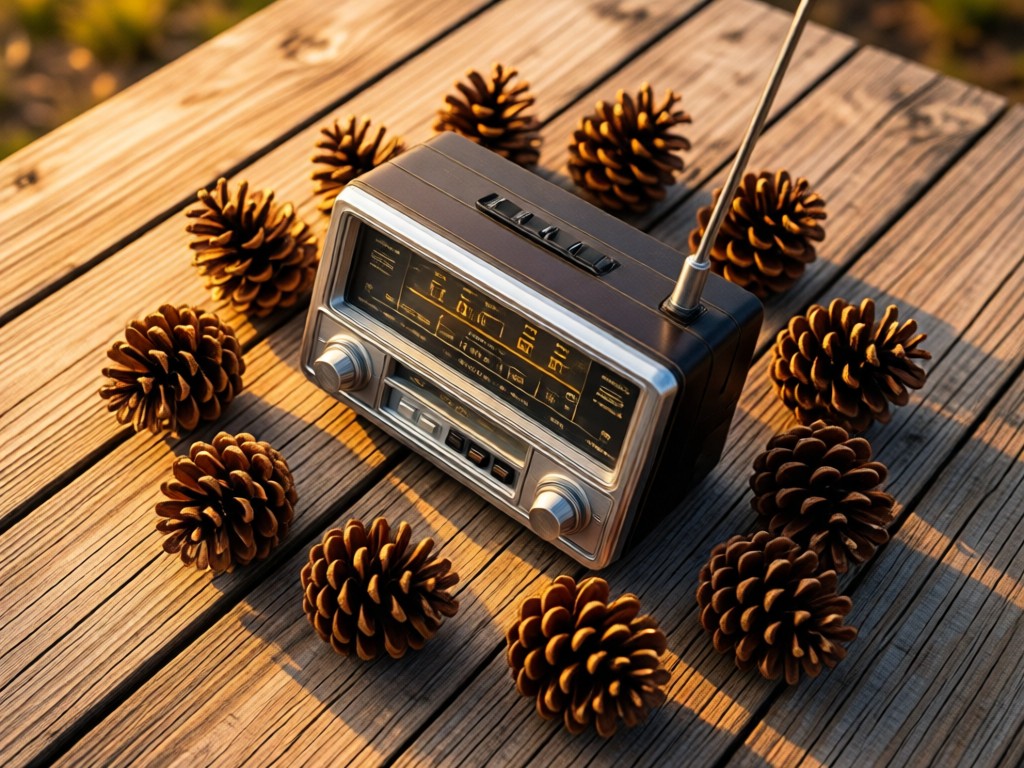 An aerial view of a classic ham radio surrounded by pine cones on weathered wood. Golden hour light creates warm tones. Symbolizes focus and expertise. No people.