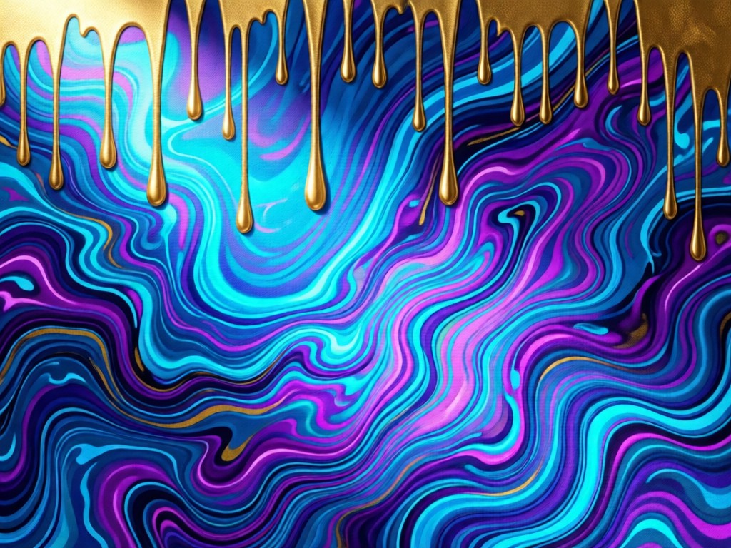 Swirling acrylic paint in neon blues and purples on a textured canvas. Metallic gold drips contrast the vivid colors. Soft directional lighting highlights movement.
