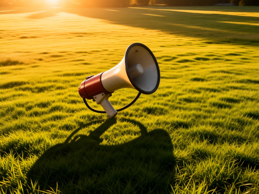 Aerial view of a vintage megaphone on lush grass. Golden hour sunlight creates dramatic shadows. Symbolizes amplified voice and influence. Open, expansive setting. No people.