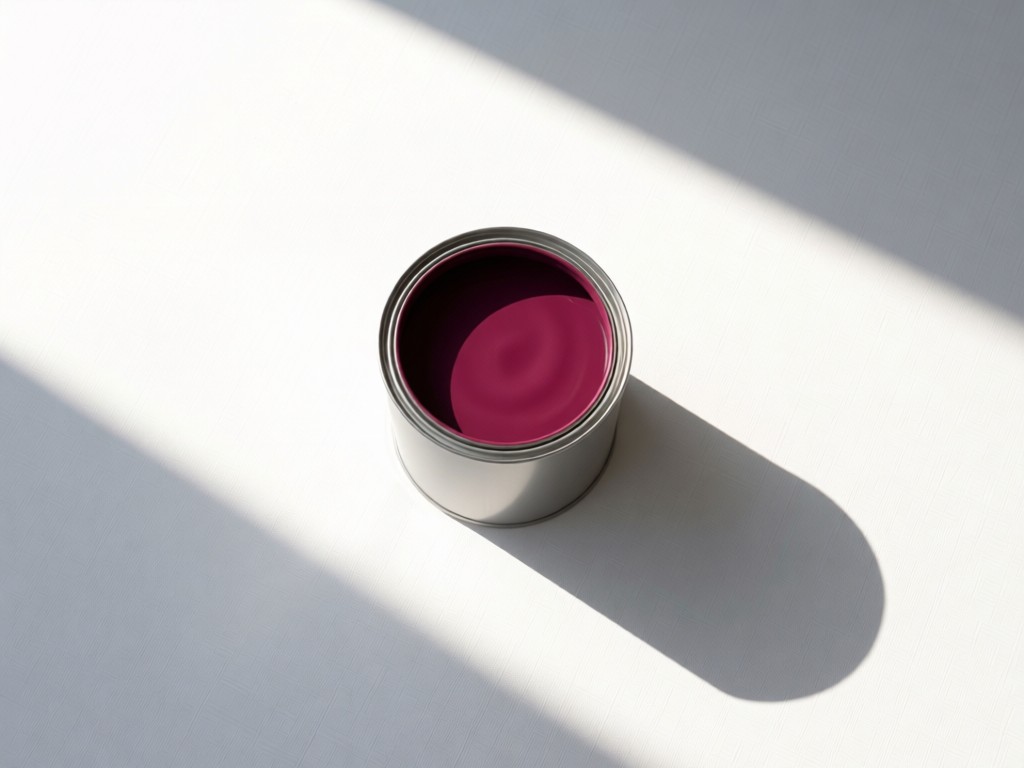Aerial view of a single open paint can in rich mauve hue, isolated on a vast white canvas in natural light. The scene symbolizes focus and niche expertise. Soft shadows emphasize the solitary color statement. No people.
