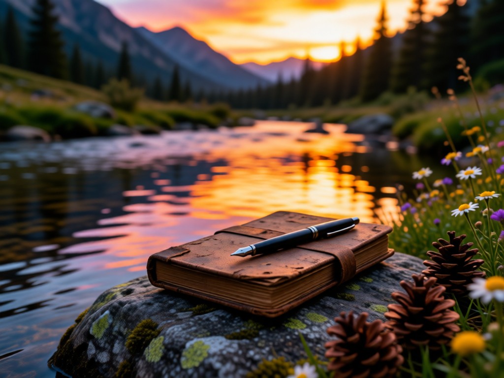 A weathered journal and pen resting on a rock beside a mountain stream at golden hour, water reflecting sunset colors, shallow depth of field, pine cones and wildflowers nearby, no text visible.