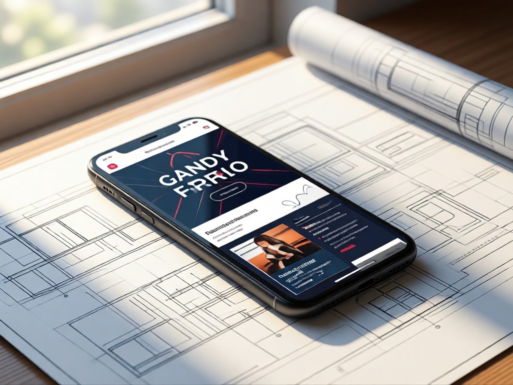 A modern smartphone displaying a sleek gandy portfolio website, resting on blueprints. Natural window light creates clean lines and warm highlights. No hands visible.