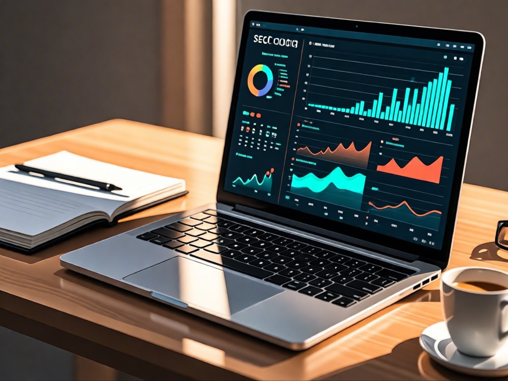 Laptop displaying SEO analytics beside a notebook. Sunlight creates data graph reflections. No people.
