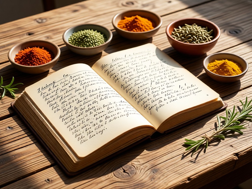 Close-up of an open recipe journal on a reclaimed wood table. Pages feature handwritten notes beside small bowls of colorful spices and dried herbs. Sunlight highlights natural textures. No people.