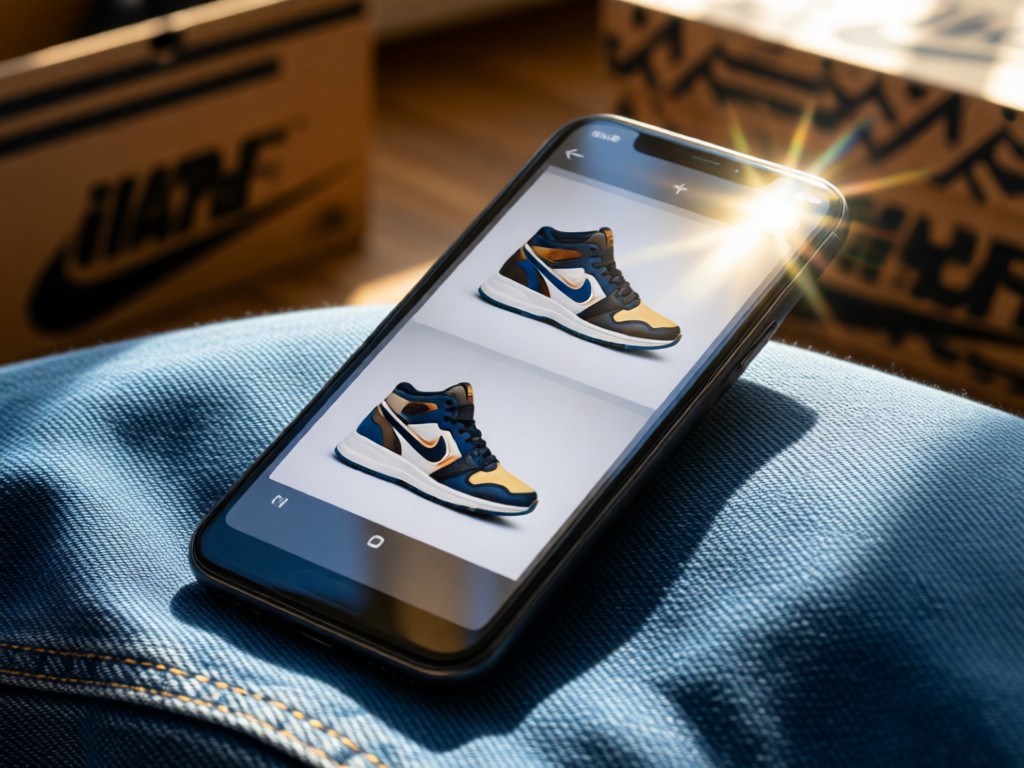 Smartphone angled on denim fabric showing a sneaker portfolio. Sunlight reflects off screen. Blurred background with sneaker box textures. No people.