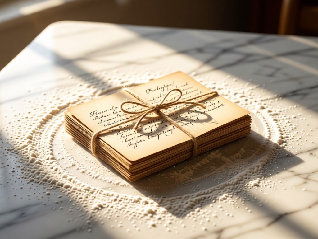 Stack of handwritten recipe cards tied with twine, resting on a flour-dusted marble counter. Soft shadows from morning light. No people.
