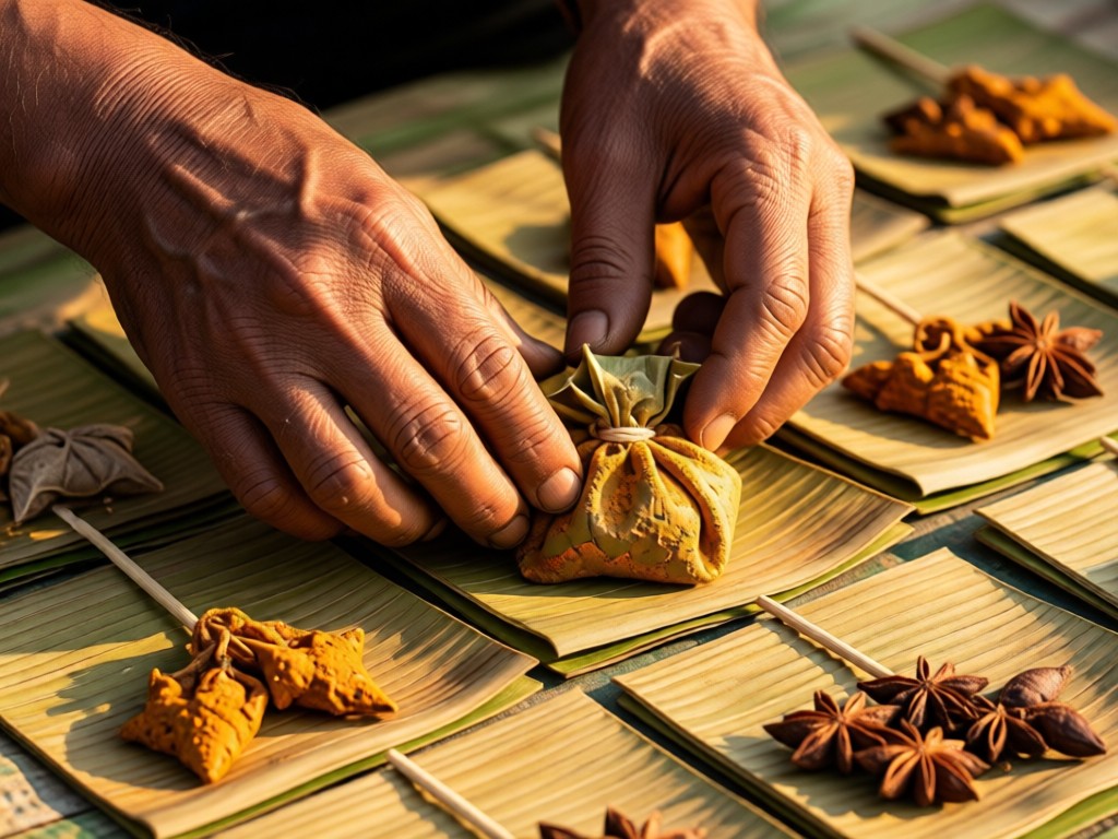 Close-up of weathered hands arranging traditional Thai spice pouches on handmade banana leaf squares. Golden hour light highlights textures and earthy tones. No people.