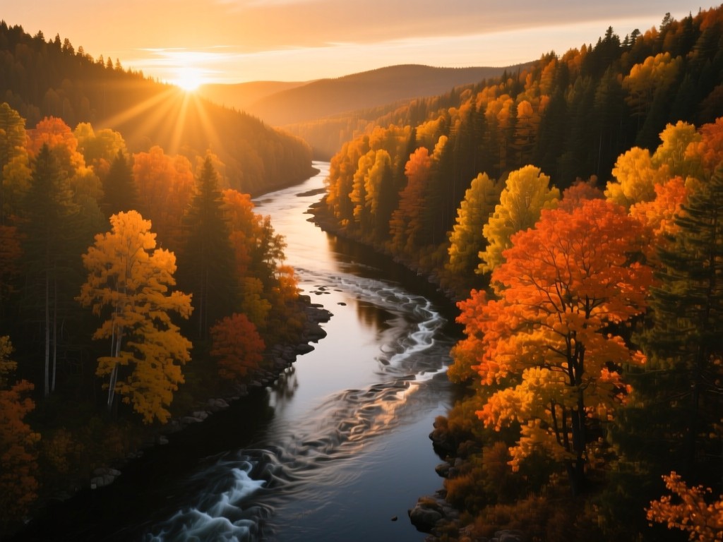 A winding river through autumn forests at sunset, symbolizing content flow and discovery, golden light filtering through trees, vibrant orange and yellow leaves, no human elements.