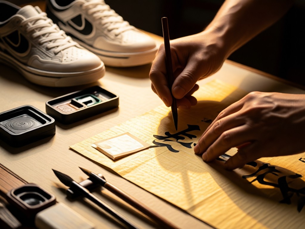 Close-up of hands arranging Japanese washi paper and ink calligraphy tools near sneaker prototypes. Soft shadows and golden highlights. No people.