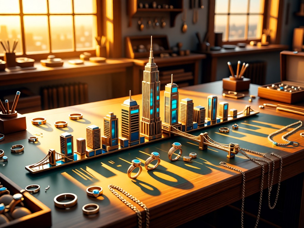 Aerial view of NYC-inspired jewelry forming a skyline on a jeweler's bench. Engagement rings as skyscrapers, chain necklaces as bridges. Golden hour light through workshop windows. No people.