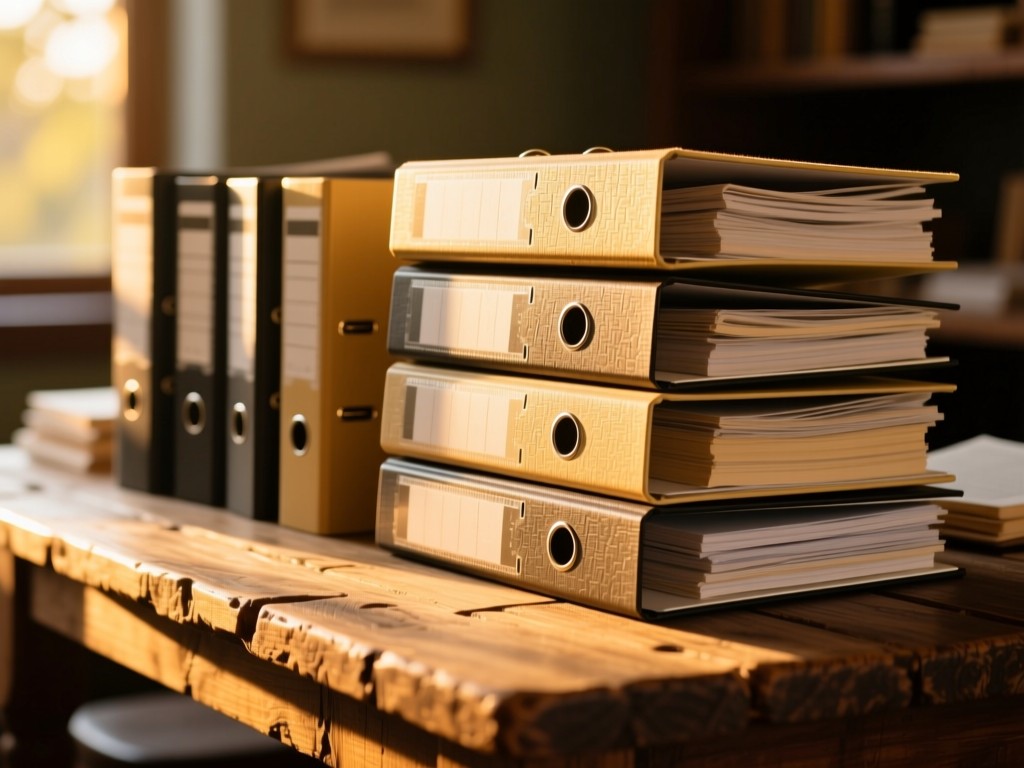 Stack of neatly organized binders on rustic table during golden hour, sunlight highlighting textured covers, shallow depth of field, warm wood tones.