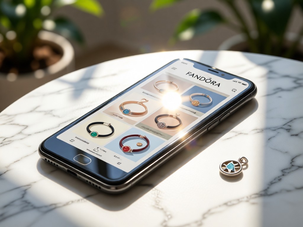 A smartphone displaying a Pandora jewelry website on a marble surface. Sunlight reflects off the screen showing a bracelet collection. Blurred background with a single charm beside it. Clean and modern aesthetic.