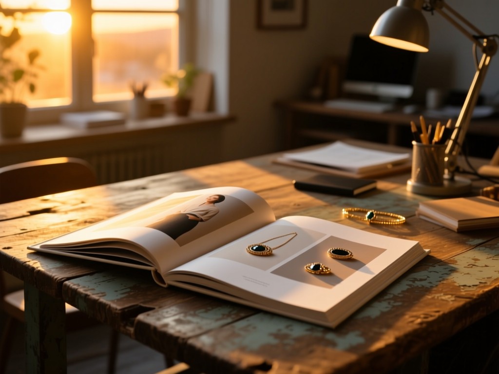 An open fashion lookbook on a rustic table during sunset, pages showing accessory flatlays, golden light streaming through window, soft shadows, creative workspace atmosphere.