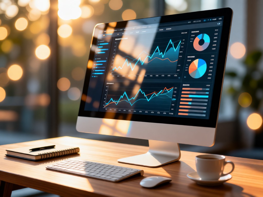 A sleek monitor displaying real-time analytics charts. Sunlight reflects off the screen onto a wooden desk with a neatly arranged notebook and coffee mug. Soft focus background with bokeh light effects.