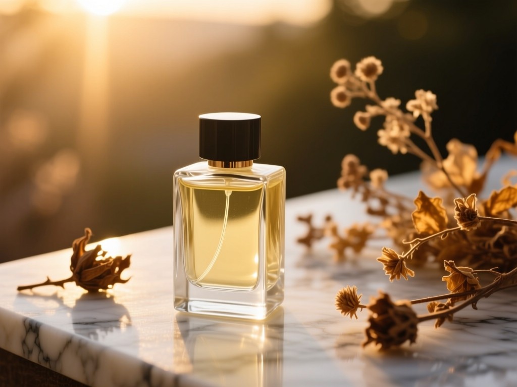 A minimalist glass perfume bottle on a marble surface during golden hour, surrounded by dried botanicals, soft sunlight highlighting the liquid, shallow depth of field, warm natural tones, no text.