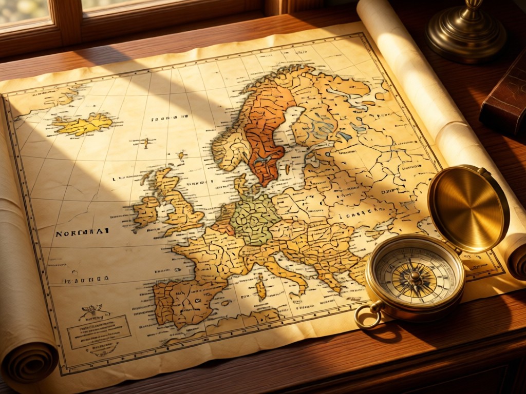 A vintage world map centered on Norway, unfurled on a wooden desk with a brass compass. Sunlight highlights the Nordic region. Warm parchment tones with metallic accents. No people.