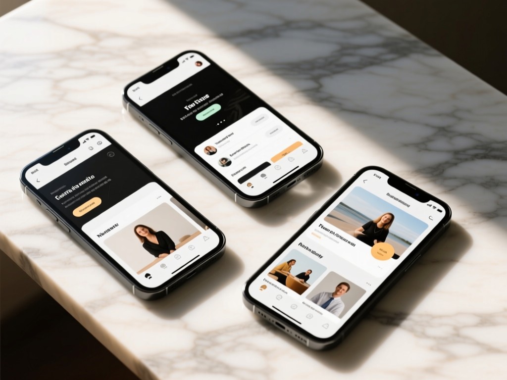 Three angled smartphones displaying different portfolio layouts on a marble surface. Sunlight creates clean reflections with ample negative space.