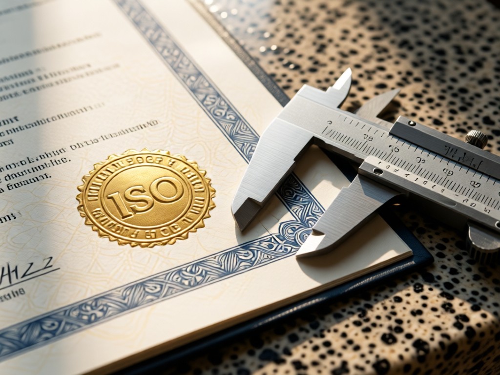 Close-up of an open ISO 9001 certificate next to precision calipers on a granite surface. Soft sunlight highlights the embossed seal and measurement markings. No people.