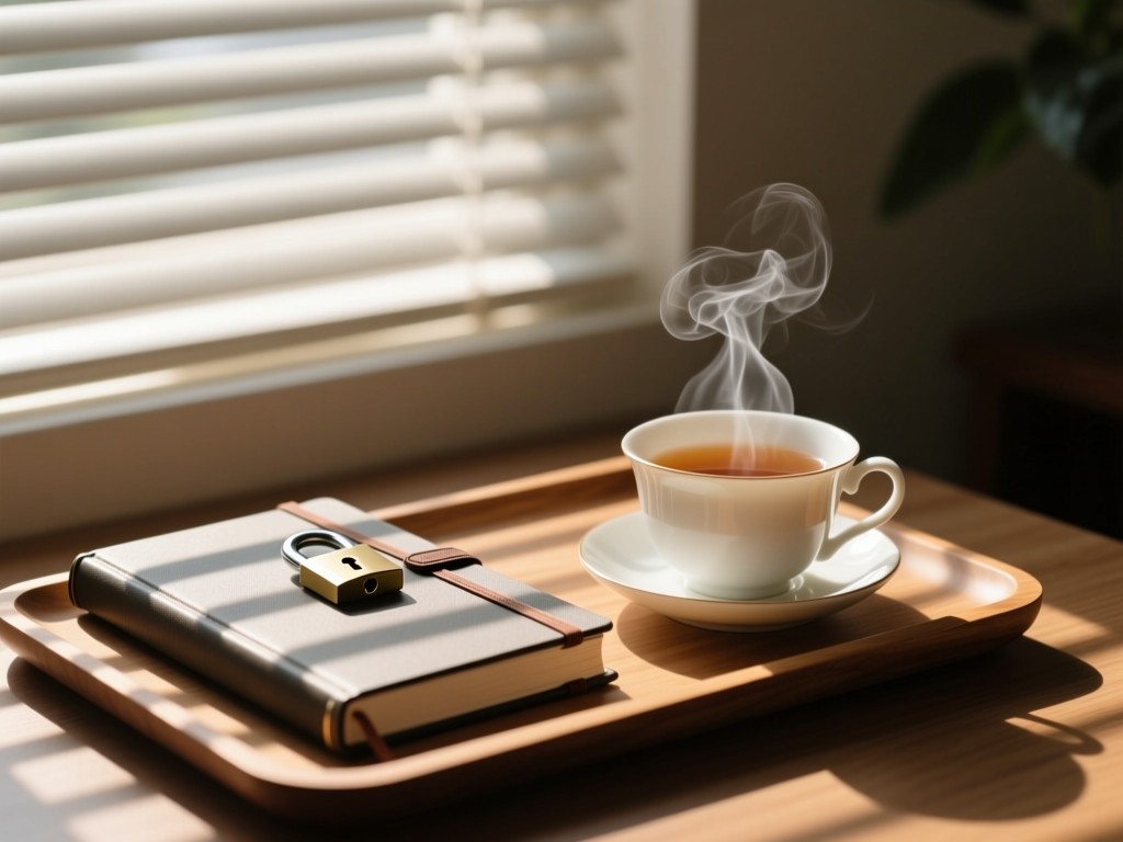 A locked journal beside a steaming teacup on a wooden tray. Morning light creates long shadows through window blinds. Focus on security symbolism. No people.