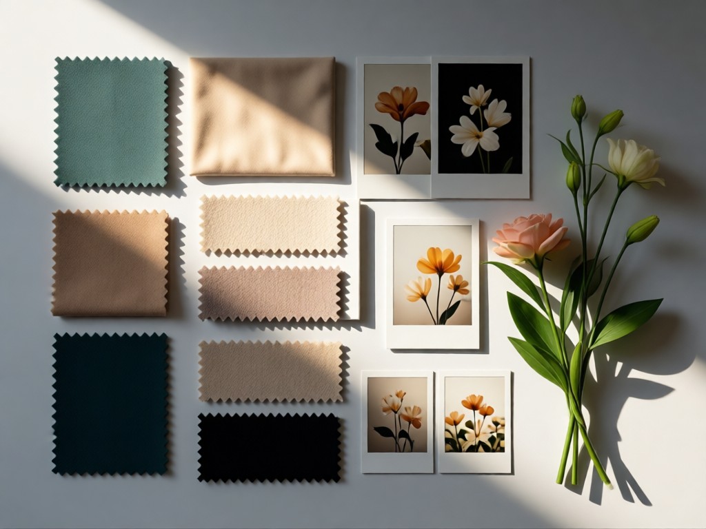 A neatly arranged mood board with fabric swatches, polaroids, and fresh flowers on a lightbox. Soft directional lighting creates depth. Minimalist composition. No people.